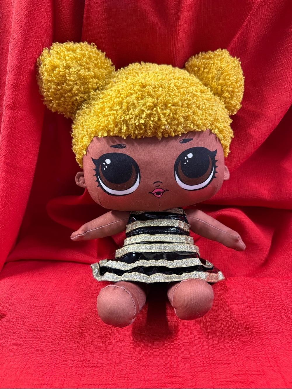L.O.L. Surprise! Stuffed Doll with Bright Yellow Pom-Pom Hair Black & Gold Dress